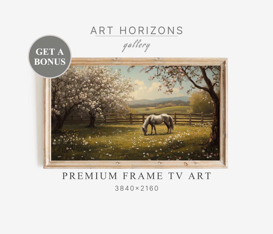 Frame Tv Art Village Horse Oil Painting Countryside Farm Animal Farmhouse Spring Bloom Vintage Wallpaper Screensaver Tv139