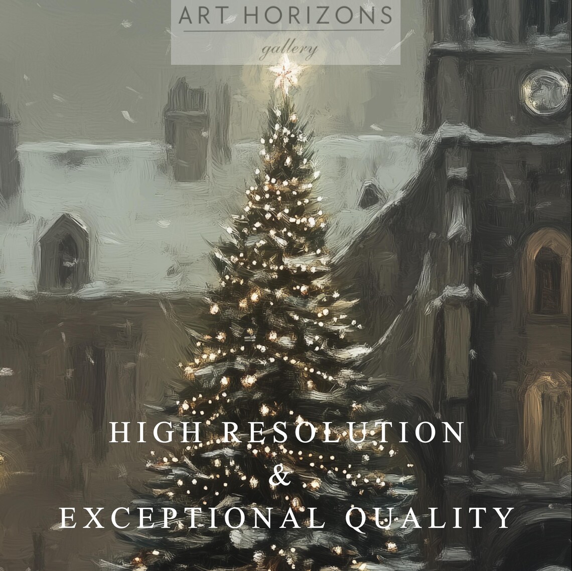 Vintage Christmas Town Square Lit Tree Church Moody Winter Print - Image 3