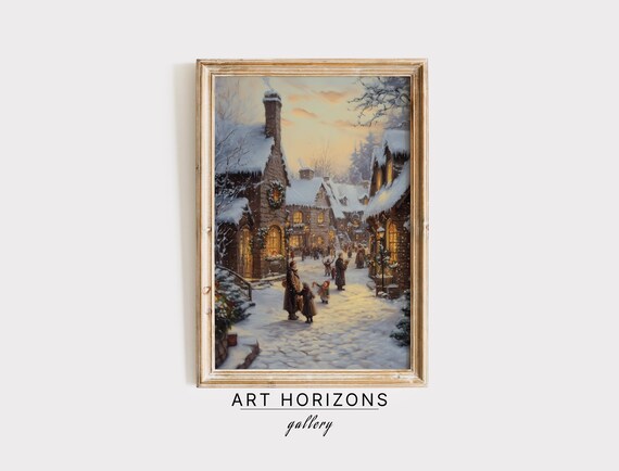 Vintage Christmas Village Wall Art Christmas City Landscape Oil Painting Seasonal Christmas Decor Christmas Moody Wall A128