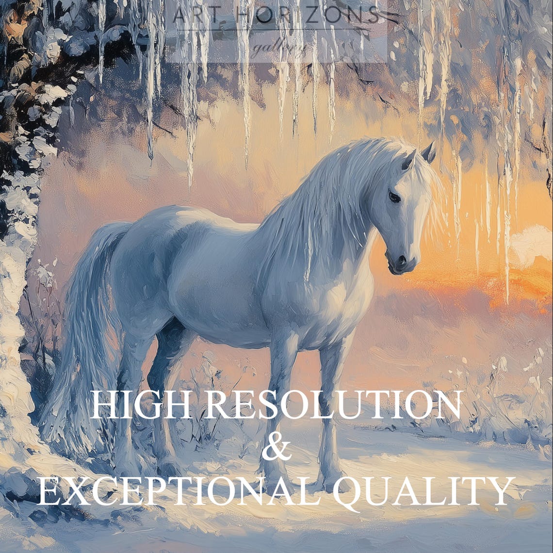 White Horse Frosty Tree Sunset Snow Winter Landscape Art Print - Image 3