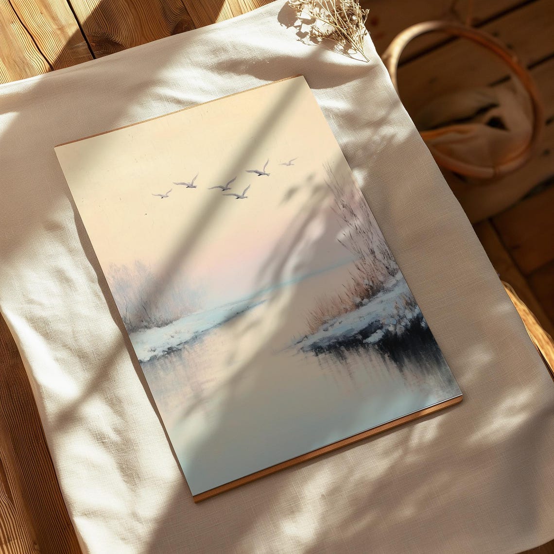 Soft Winter River At Dawn With Flying Birds Minimalist Art Poster - Image 2