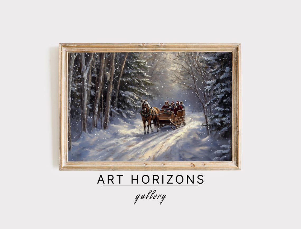 Country Winter Sleigh Ride Painting Wall Art Vintage Holiday Farmhouse Art Snowy Winter Horse Art Print A111