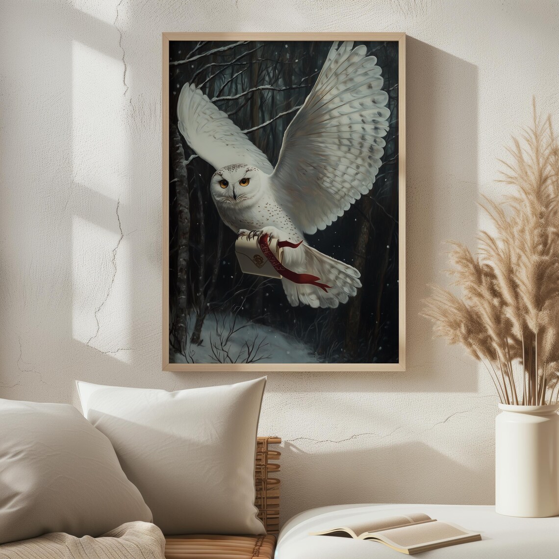 White Snowy Owl Flying Night Forest Gift Moody Vintage Wall Art Print - Image 2