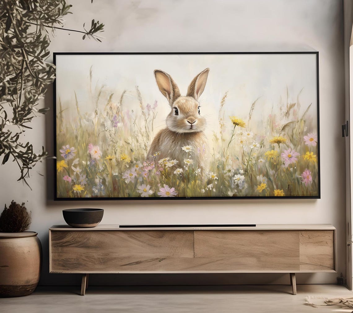 Spring Wildflower Field Bunny Easter Nursery Oil Painting Poster - Image 4