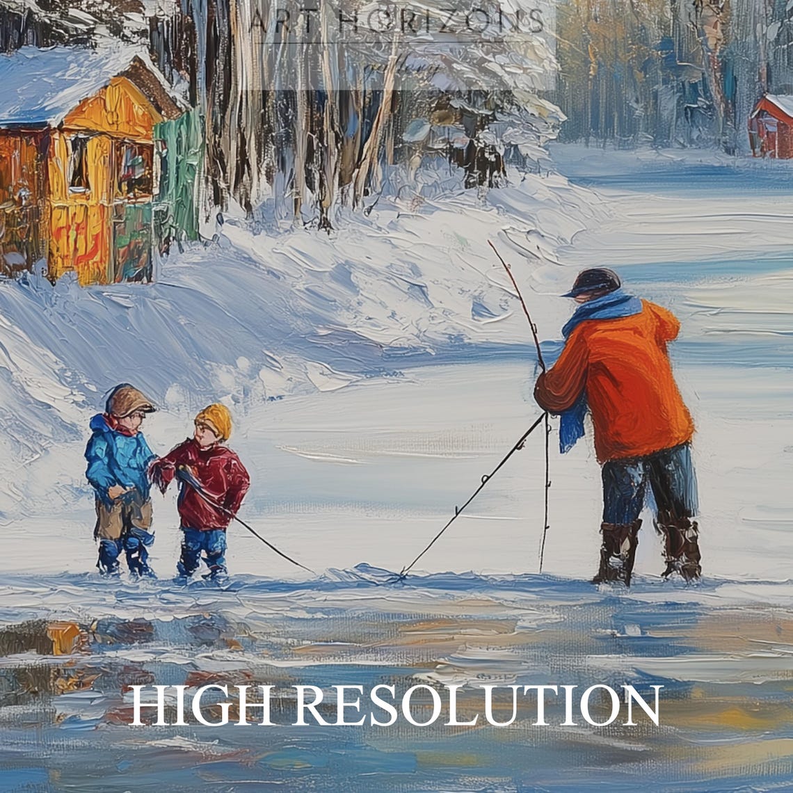Vintage Winter Family Fishing Wall Art Neutral Christmas Art Rustic Ice Fishing Scene Winter Lake Landscape Holiday Art A91 - Image 3