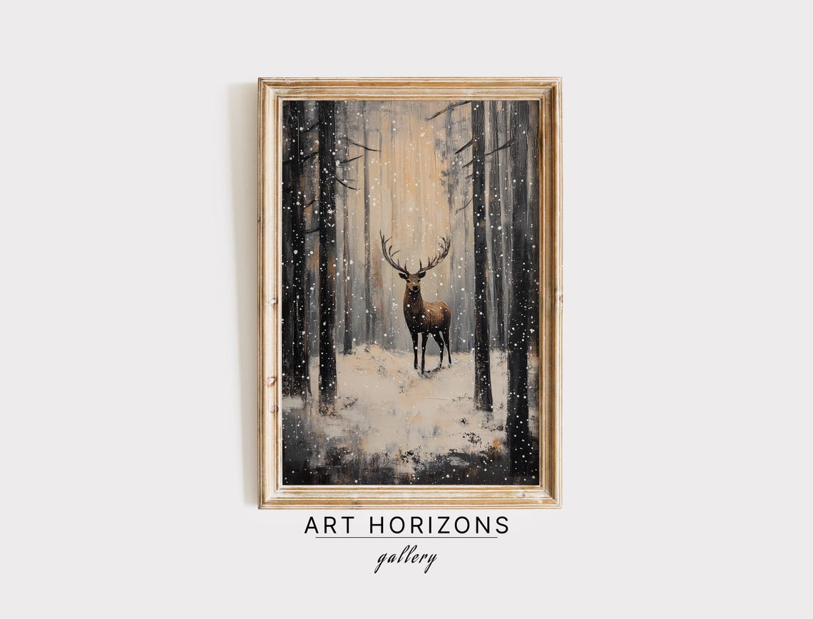 Majestic Stag Standing in Snowy Winter Forest Falling Snow Art Print