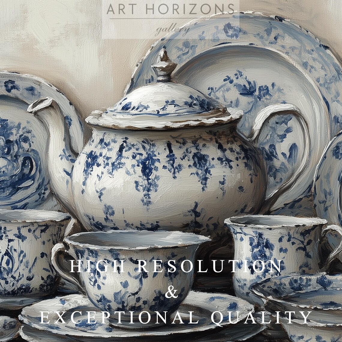 Rustic Teapot Vintage Art Print, Blue Chinoiserie - Image 3