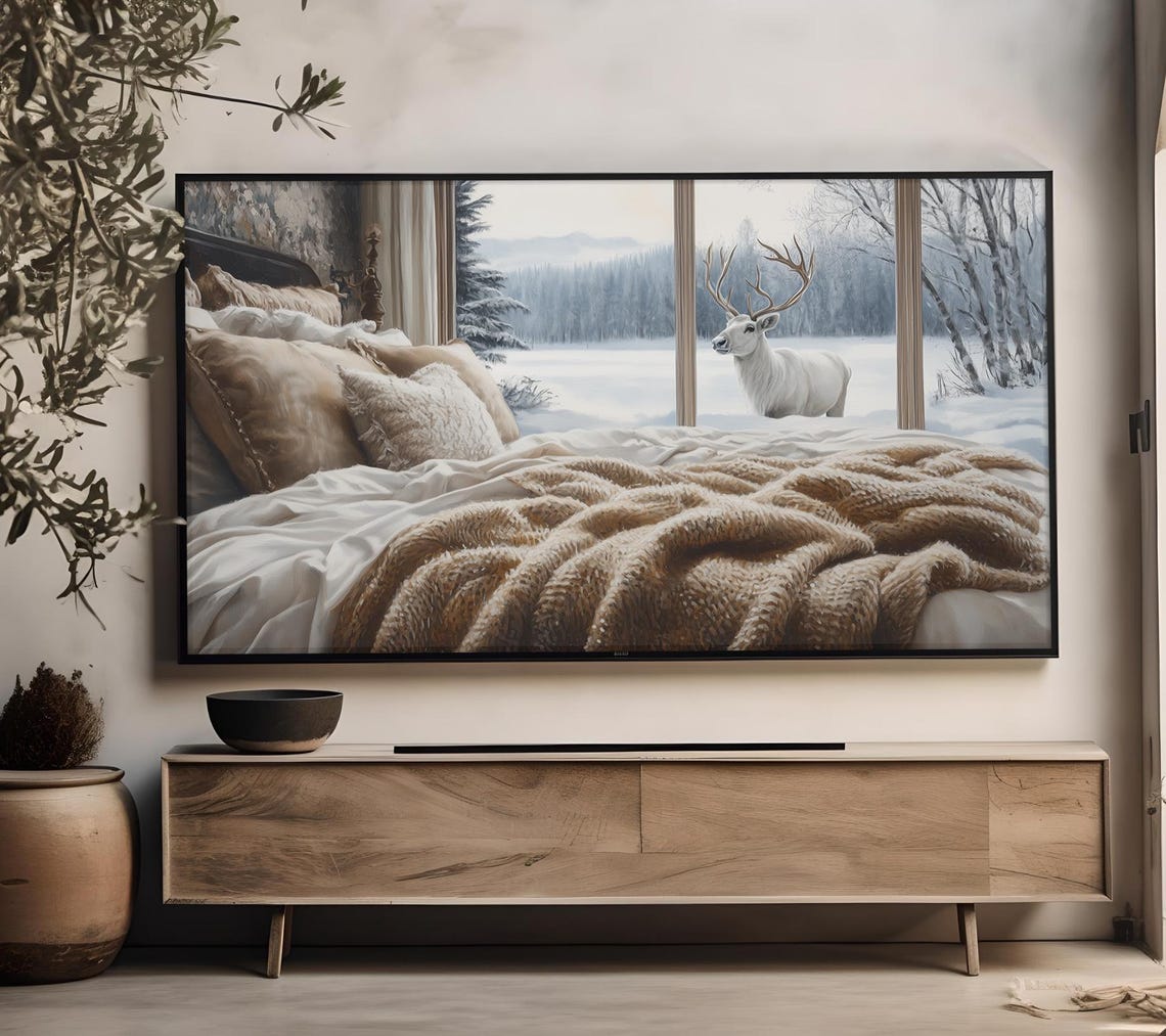 Cozy Bedroom White Deer Snowy Window View Holiday Frame TV Print - Image 4