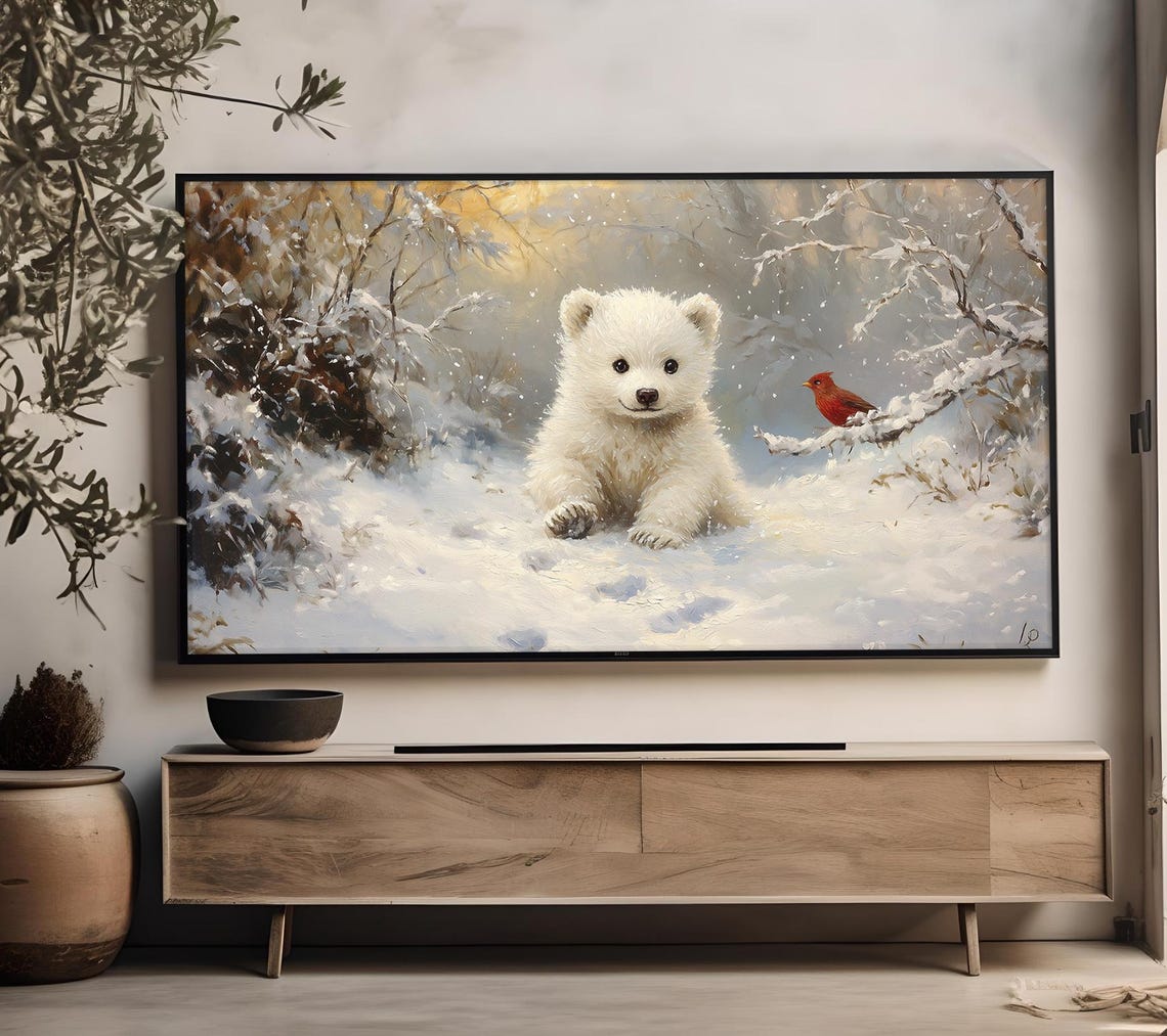 Cute White Bear Cub In Snowy Forest With Red Cardinal Bird Art Print - Image 2