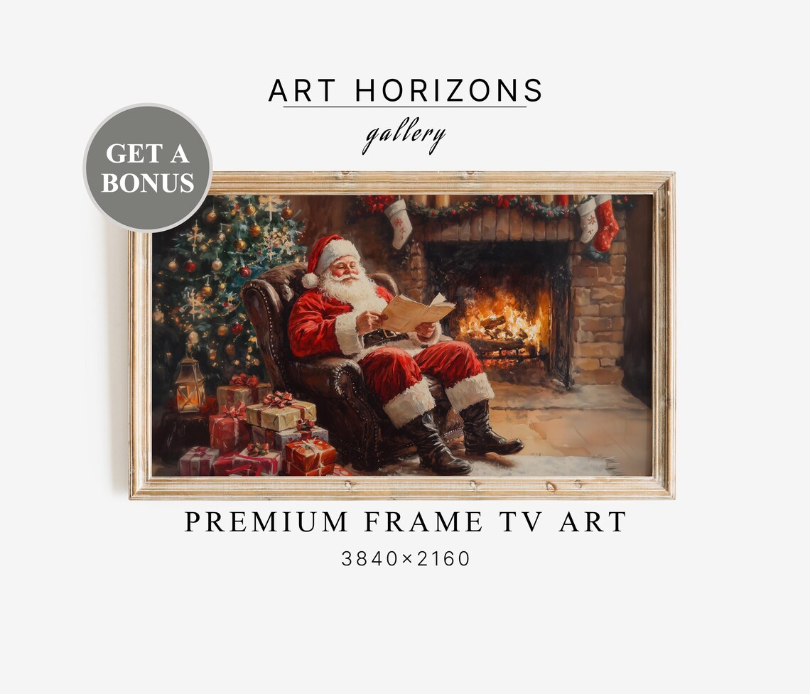 Santa Claus Reading by Stone Fireplace Frame TV Art Christmas Print