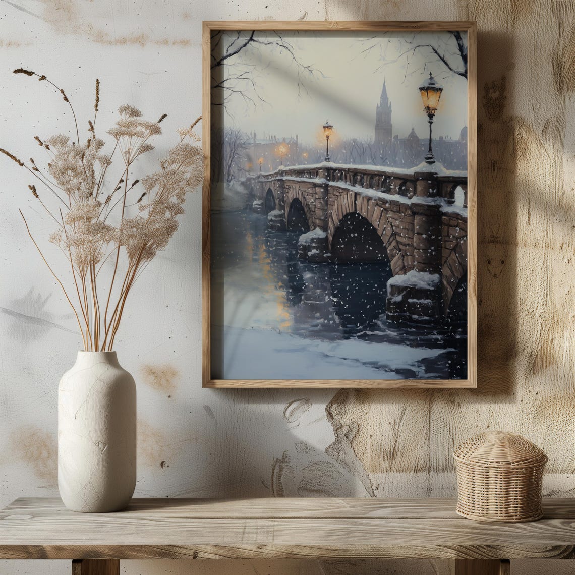 Snowy Stone Arch Bridge Frozen River Glowing Lamps Winter City Poster - Image 4