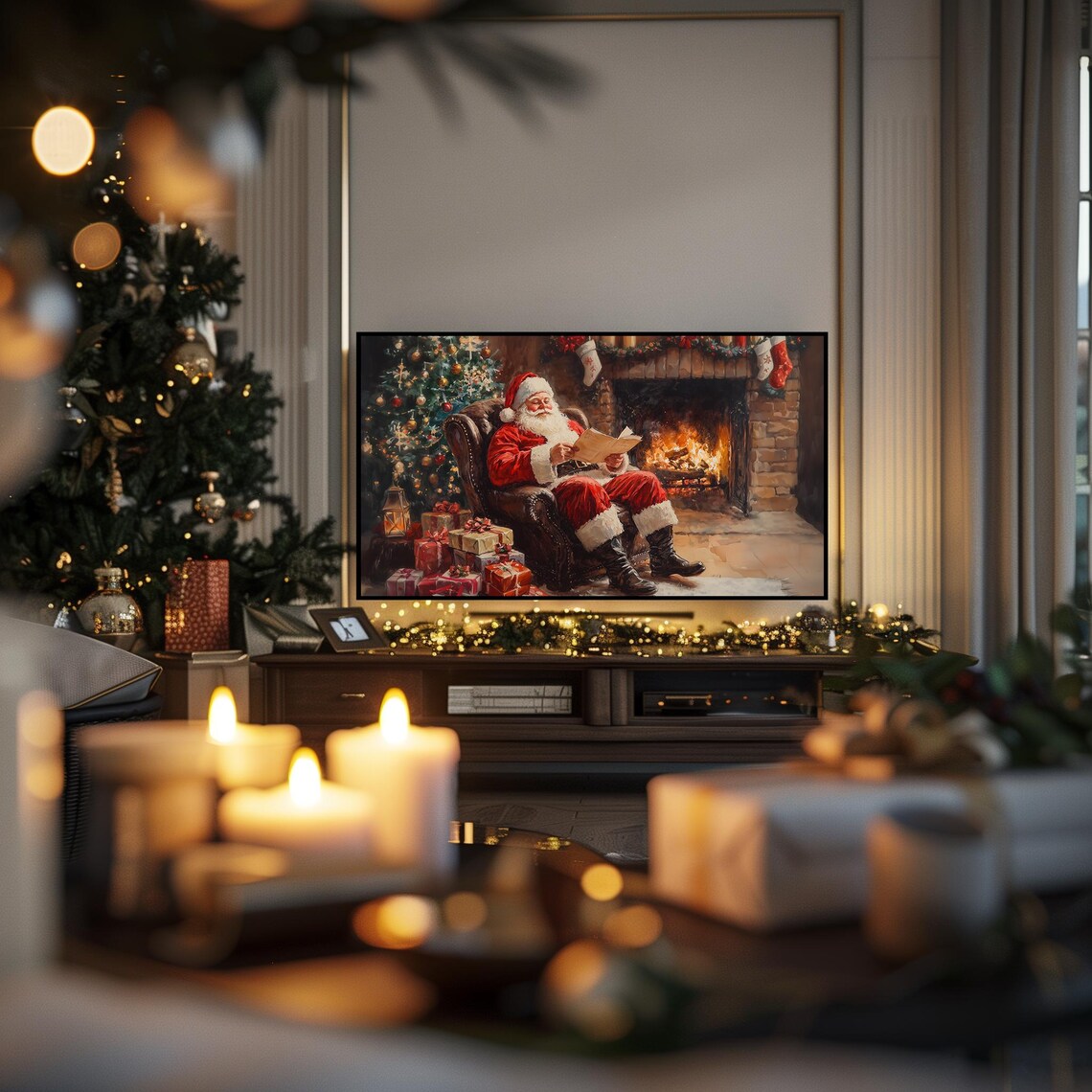 Santa Claus Reading by Stone Fireplace Frame TV Art Christmas Print - Image 2