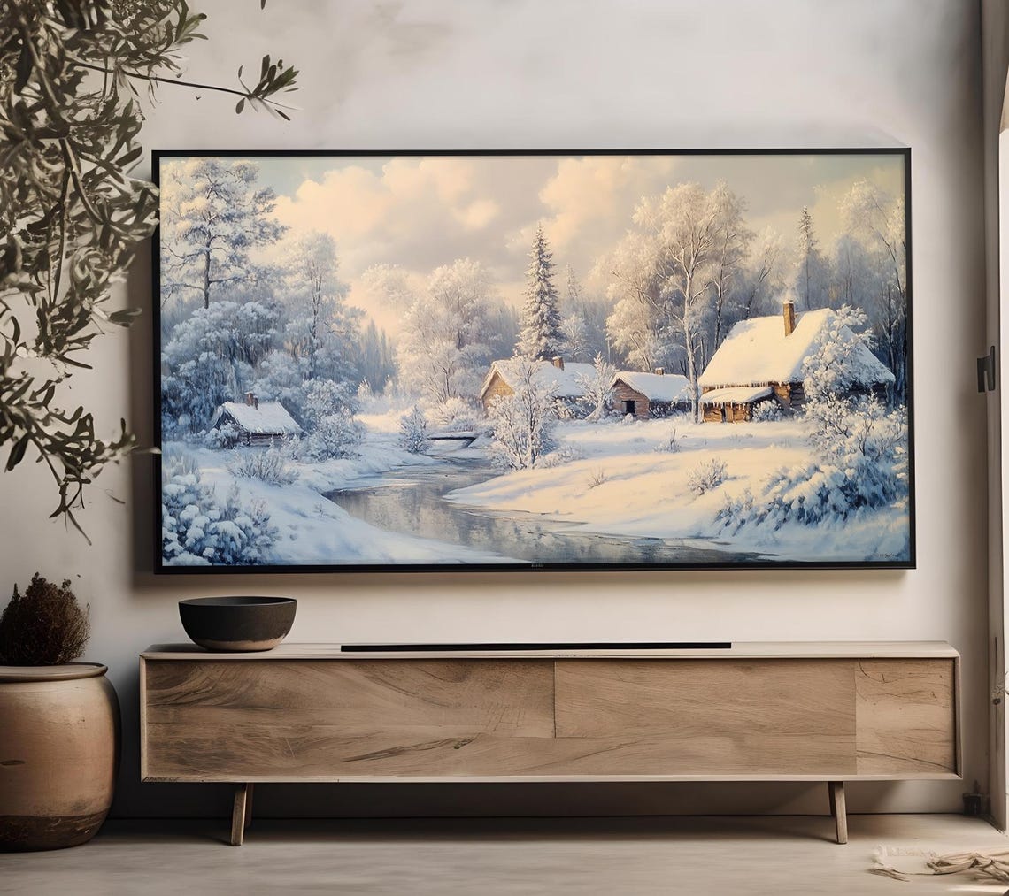 Frame Tv Art Winter Village Vintage Farmhouse Christmas Oil Painting Holiday Home Decor Landscape View Tv81 - Image 4