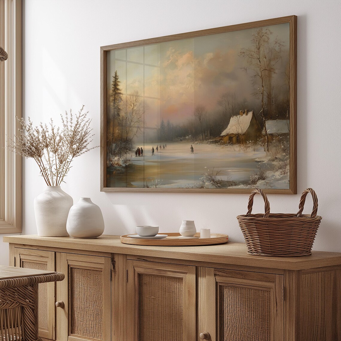 Vintage Winter Village Print Wall Art Victorian Christmas Prints Holiday Decor Frozen Lake River Landscape Oil Painting A307 - Image 4