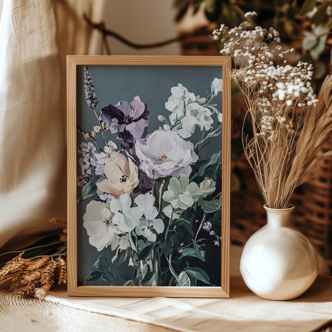 Floral Bouquet Oil Painting White Purple Blooms Dark Moody Wall Art - Image 3