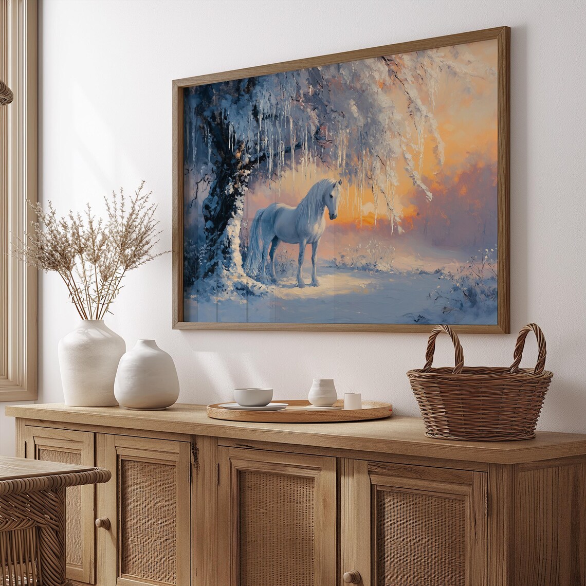 White Horse Frosty Tree Sunset Snow Winter Landscape Art Print - Image 4