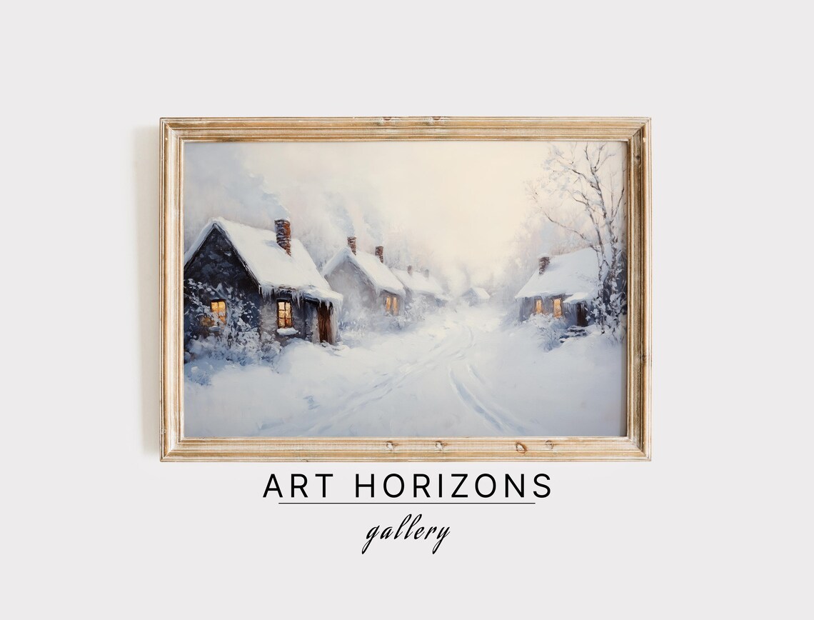 Misty Snowy Village Lane with Glowing Cottages Winter Travel Poster
