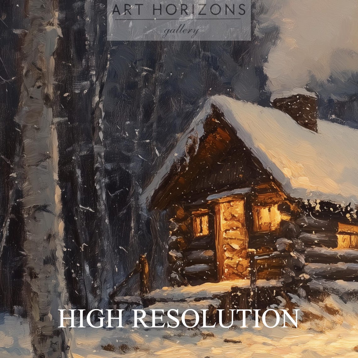 Log Cabin Night Glowing Windows Woodpile Snowy Forest Winter Poster - Image 3