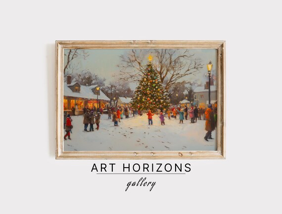 Christmas Snowy Wall Art Town City Winter Village Art Print Christmas Landscape Painting Cottage Decor Vintage Moody Wall Art Winter A87