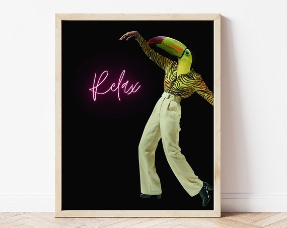 Eclectic Wall Art Surreal Vintage Poster Moody Decor Relax Print Neon Pink Retro 70s Vibe