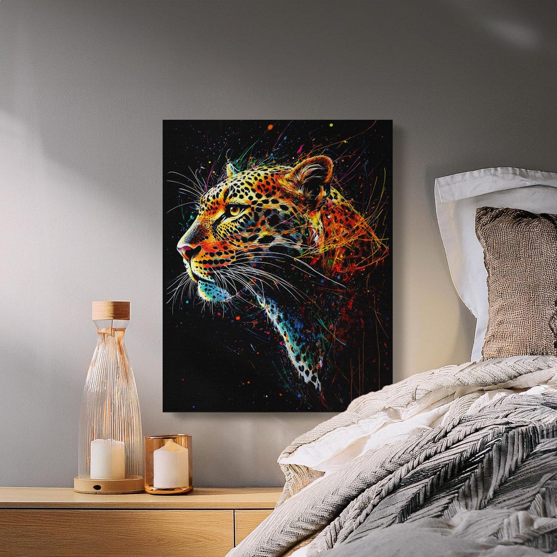 Vibrant Leopard Head Profile Black Canvas Wildlife Art Poster - Image 2