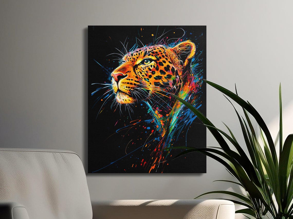 Colorful Leopard Portrait Splatter Paint Black Canvas Poster - Image 3