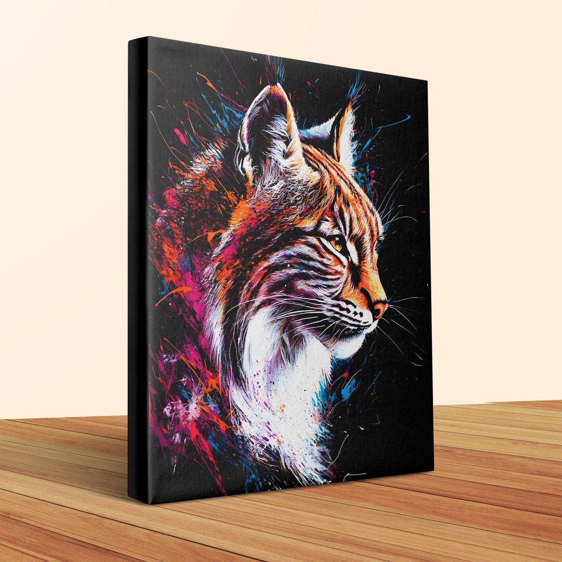 Wild Lynx Profile Magenta Splash Art Black Canvas Big Cat Wall Art