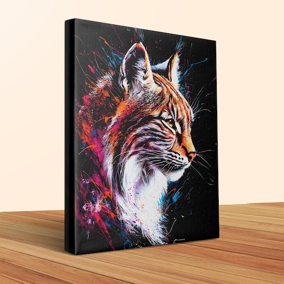 Wild Lynx Profile Magenta Splash Art Black Canvas Big Cat Wall Art