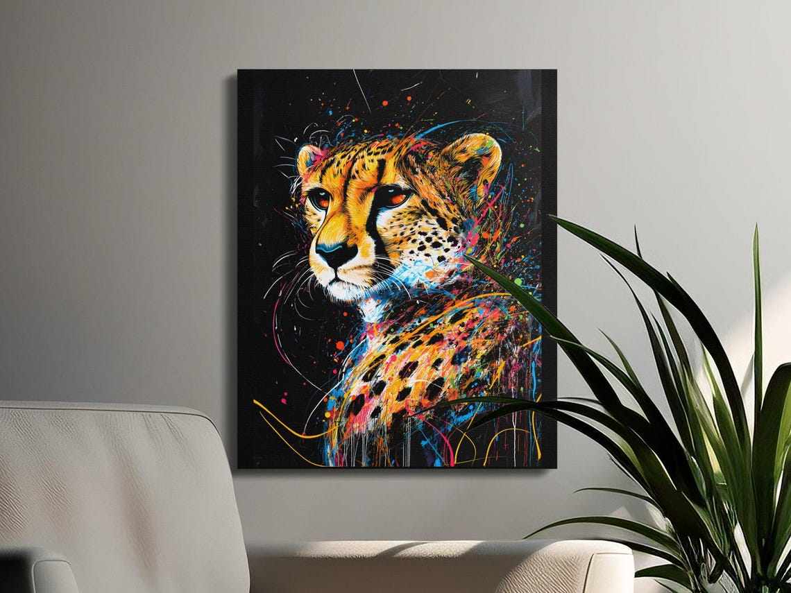 Vibrant Cheetah Front Portrait Rainbow Splash Black Canvas Poster - Image 3