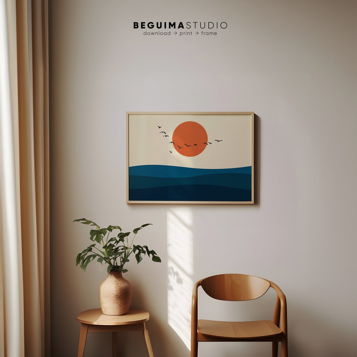 Boho Sunset Ocean Waves Bird Silhouettes Minimalist Beach Poster - Image 4
