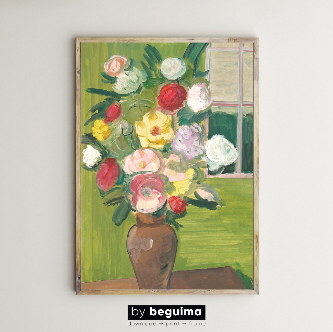 Colorful Flower Bouquet Brown Vase Window Still Life Art Poster
