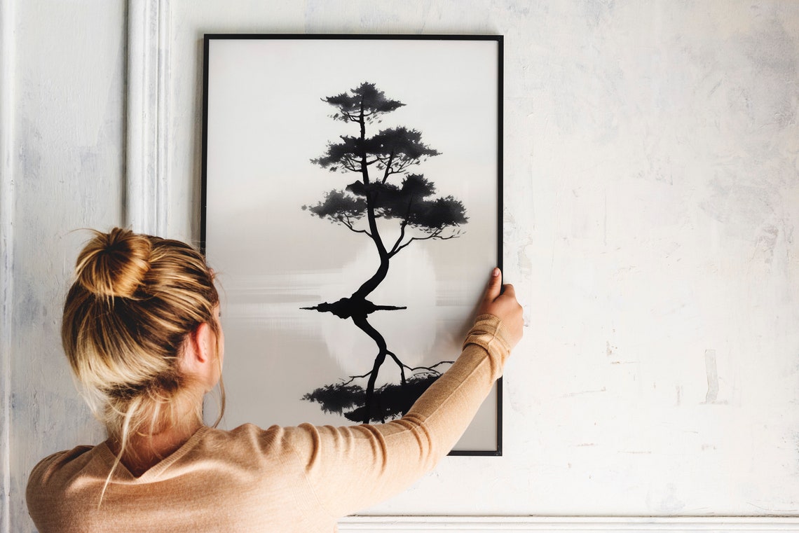 Japanese Pine Tree Reflection Black Ink Minimalist Zen Wall Poster - Image 3
