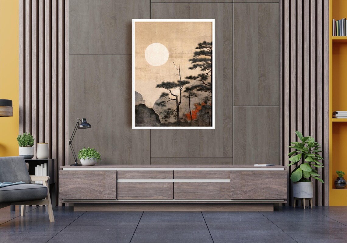 Japanese Moonrise Pine Trees Gold Leaf Vintage Style Japan Poster - Image 3