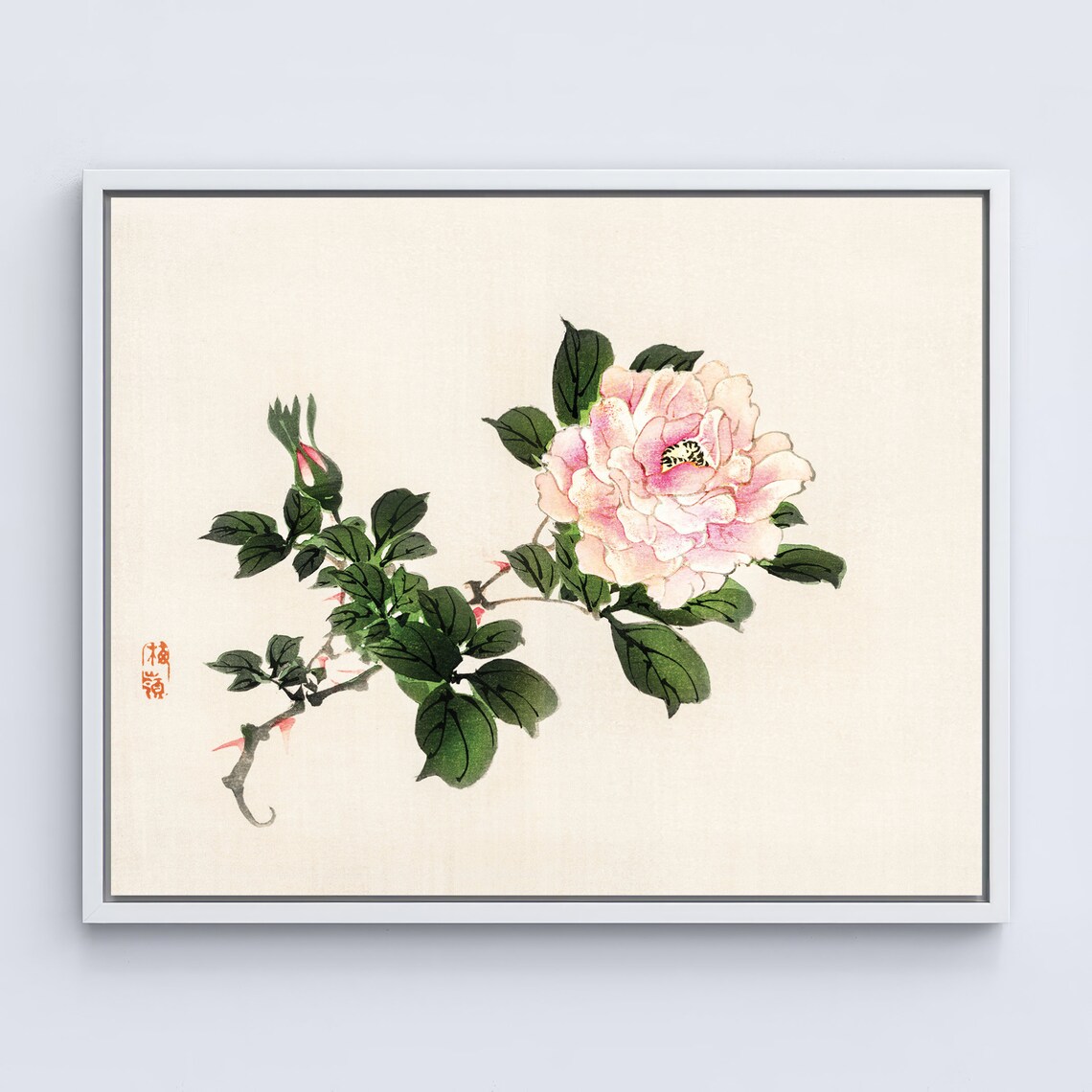 Pink Japanese Rose Watercolor with Green Leaves and Seal Poster - Image 4