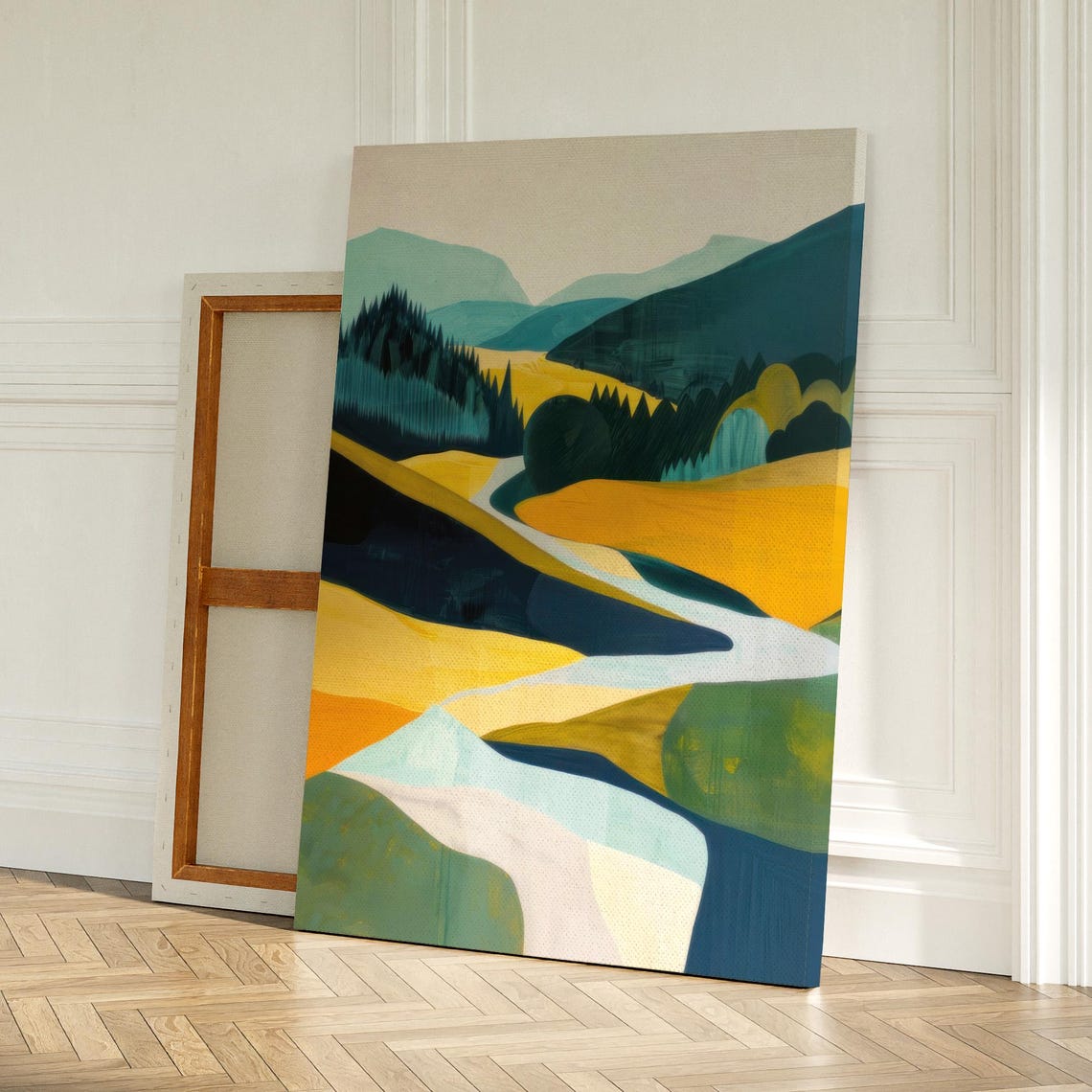 Teal and Gold Abstract River Valley Landscape Painting Art Print - Image 2