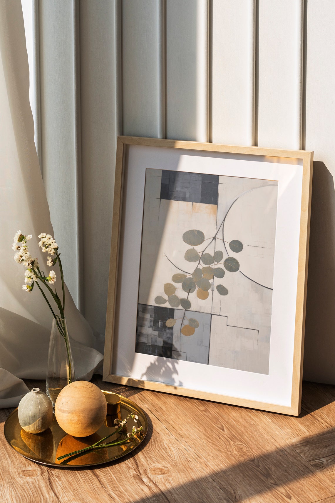 Minimal Eucalyptus Branch on Abstract Neutral Tone Canvas Poster - Image 2