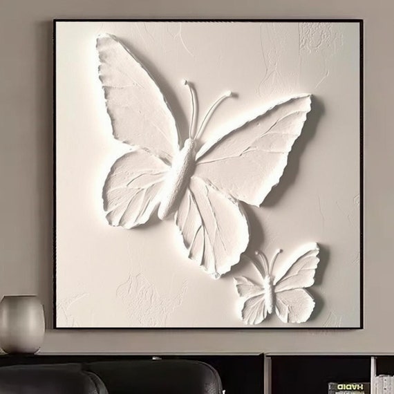 White Texture Butterfly Oil Painting Abstract Butterfly Painting Large White Wall Decor Art White Butterflies Oil Painting Texture Wall Art