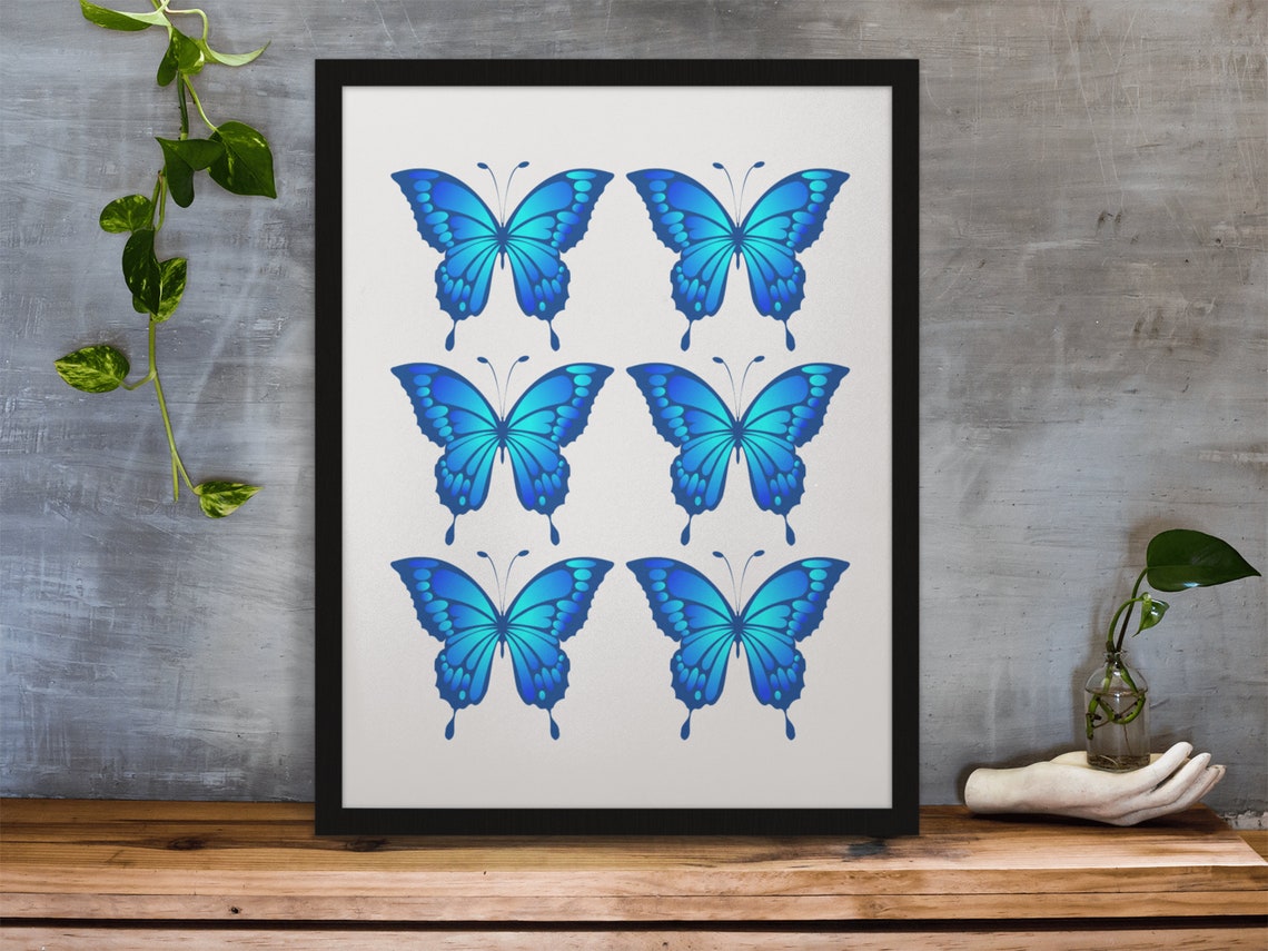 Blue Butterfly Grid Watercolor Six Insects Preppy Wall Poster - Image 3