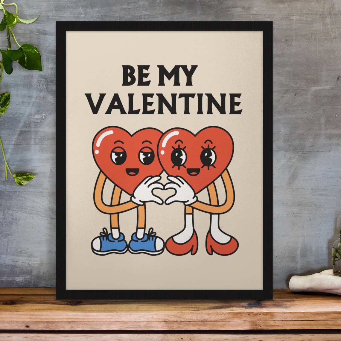 Be My Valentine Cute Retro Cartoon Heart Couple Valentine Poster - Image 3