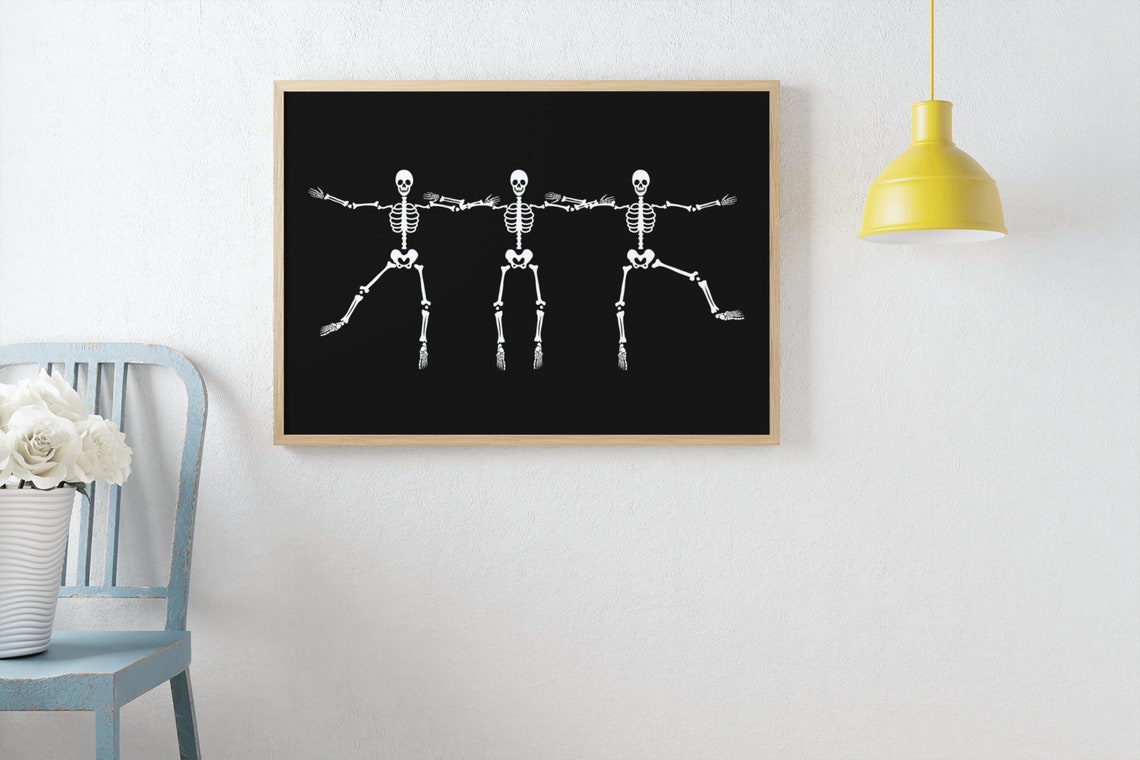 Dancing Skeletons Halloween Spooky Black White Fun Goth Poster - Image 2