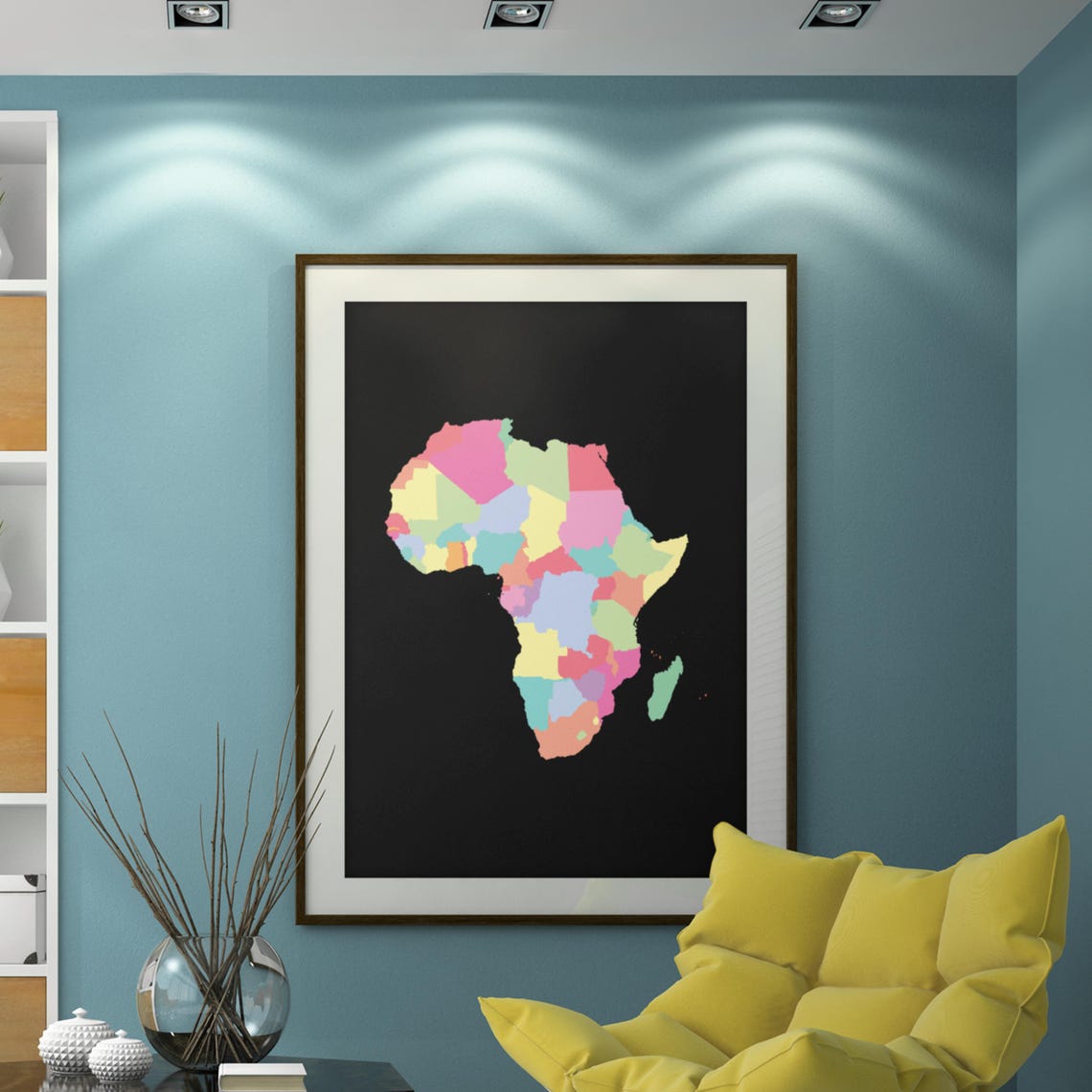 Africa Pastel Country Map Black Background Modern Decor Poster