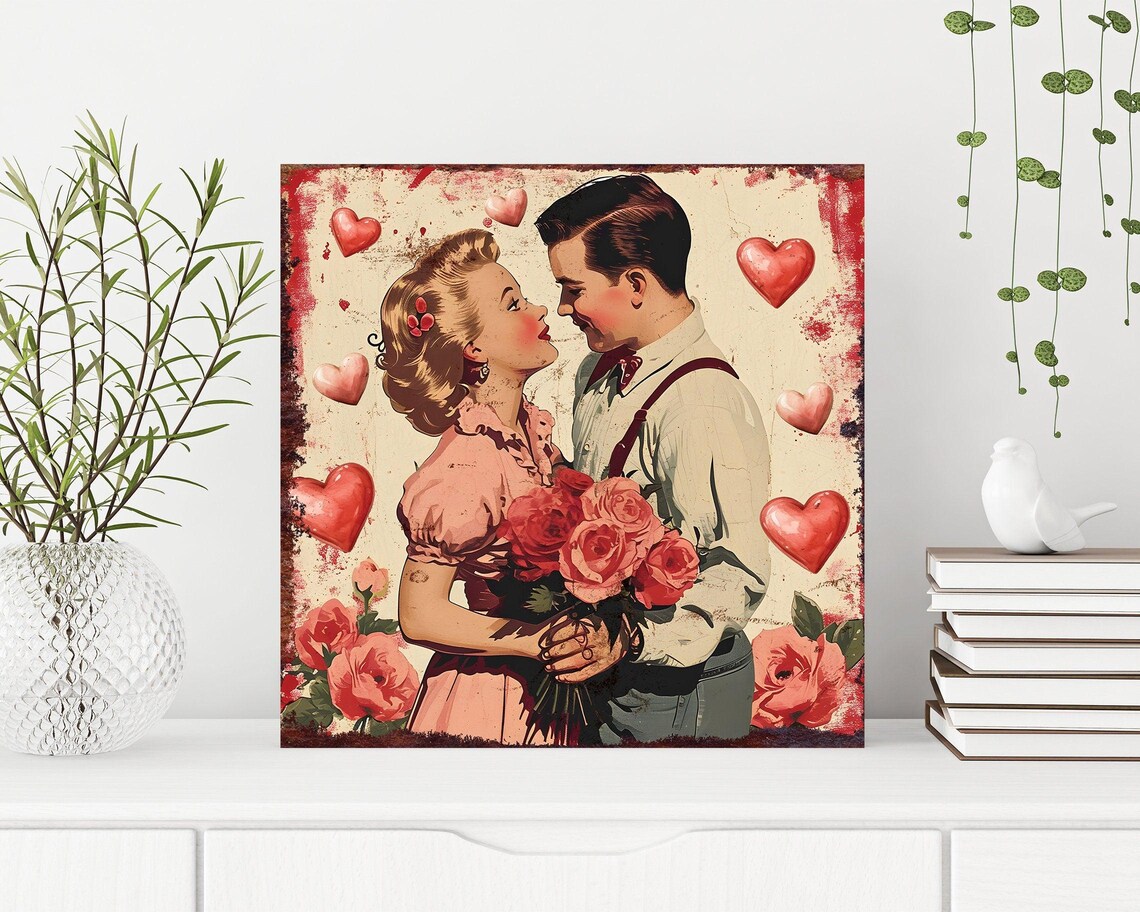 Retro Vintage Couple Hearts Roses Romantic Valentine Art Wall Poster