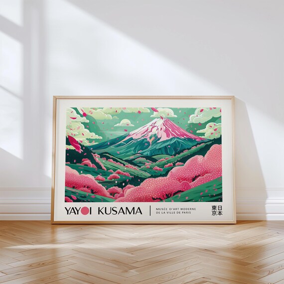 Cherry Blossom Mountain Landscape Poster Horizontal Nature Wall Art Yayoi Kusama Inspired Print For Living Room Or Bedroom Decor