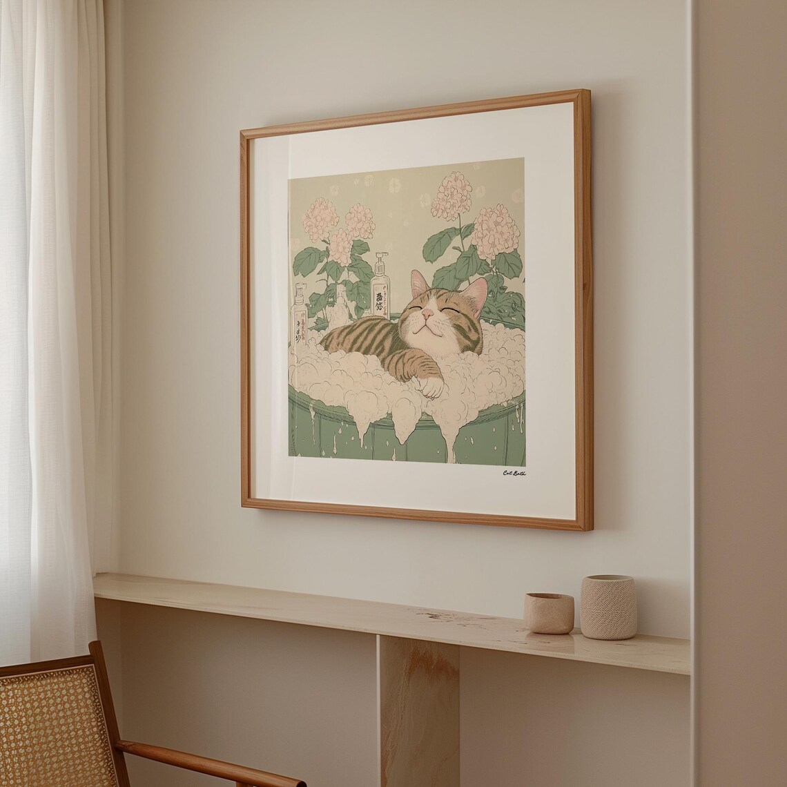 Relaxing Tabby Cat Bubble Bath Japanese Hydrangea Bath Art Print - Image 2