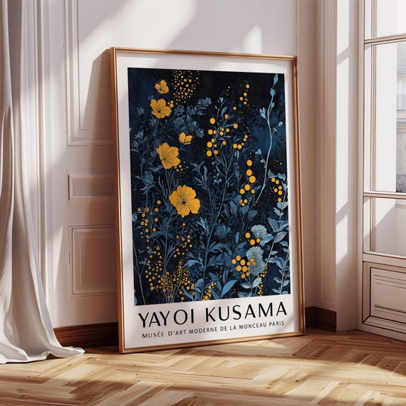 Orange And Blue Wall Art Yayoi Kusama Inspired Floral Print Dark Botanical Poster With Bold Dot Details And Modern Contrast