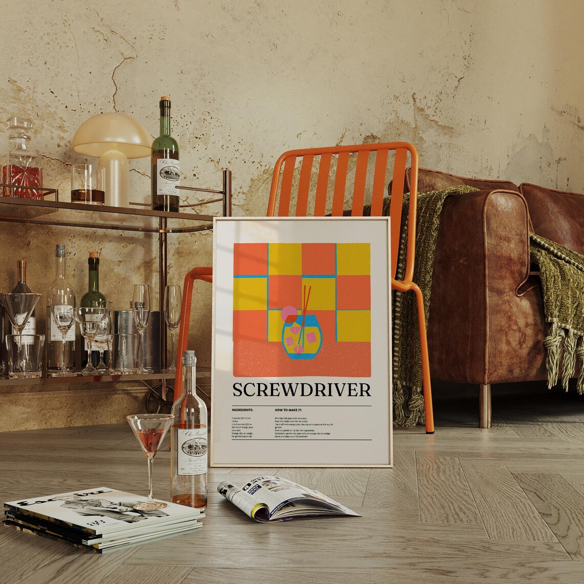 Screwdriver Cocktail Recipe Poster Retro Grid Orange Bar Decor - Image 2