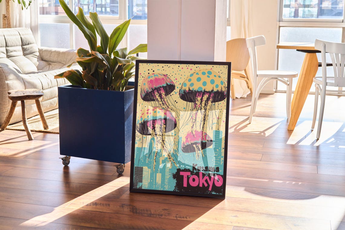 Kusama Tokyo Pop Art Jellyfish Polka Dot City Skyline Bold Poster - Image 2