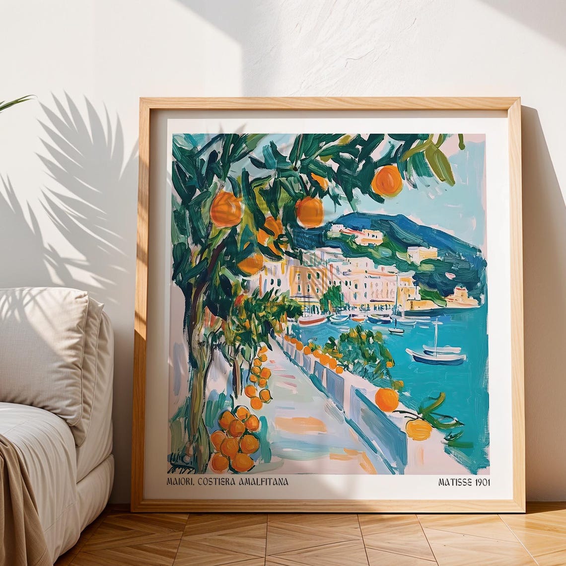 Art Prints Of Italy Coastal Amalfi Town With Oranges And Boats Painterly Travel Wall Art In Vibrant Mediterranean Colors Maiori Italian - Image 3