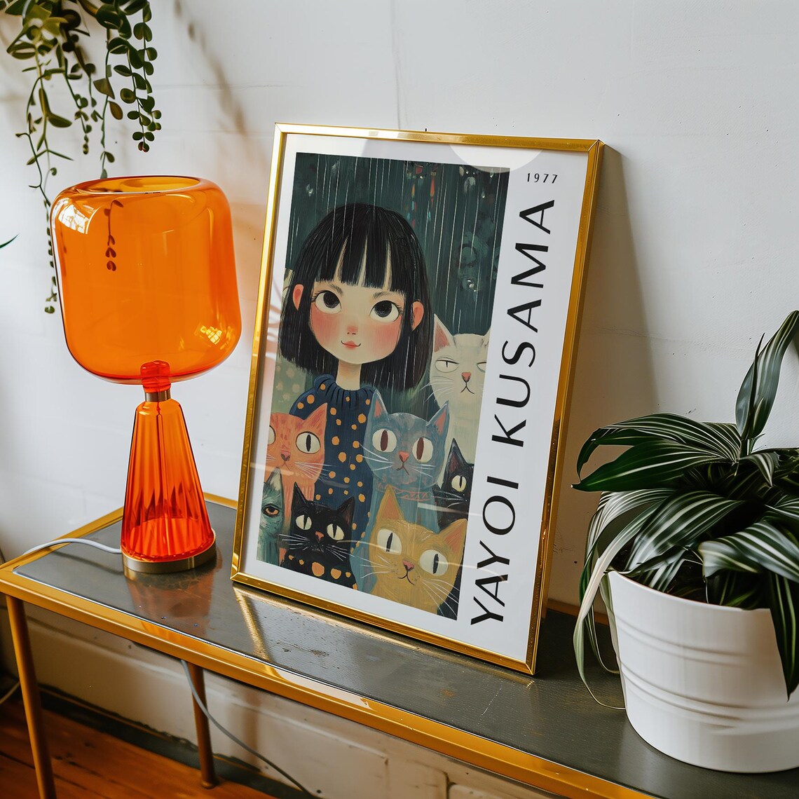 Yayoi Kusama 1977 Girl With Cats Rain Whimsical Vertical Poster - Image 2