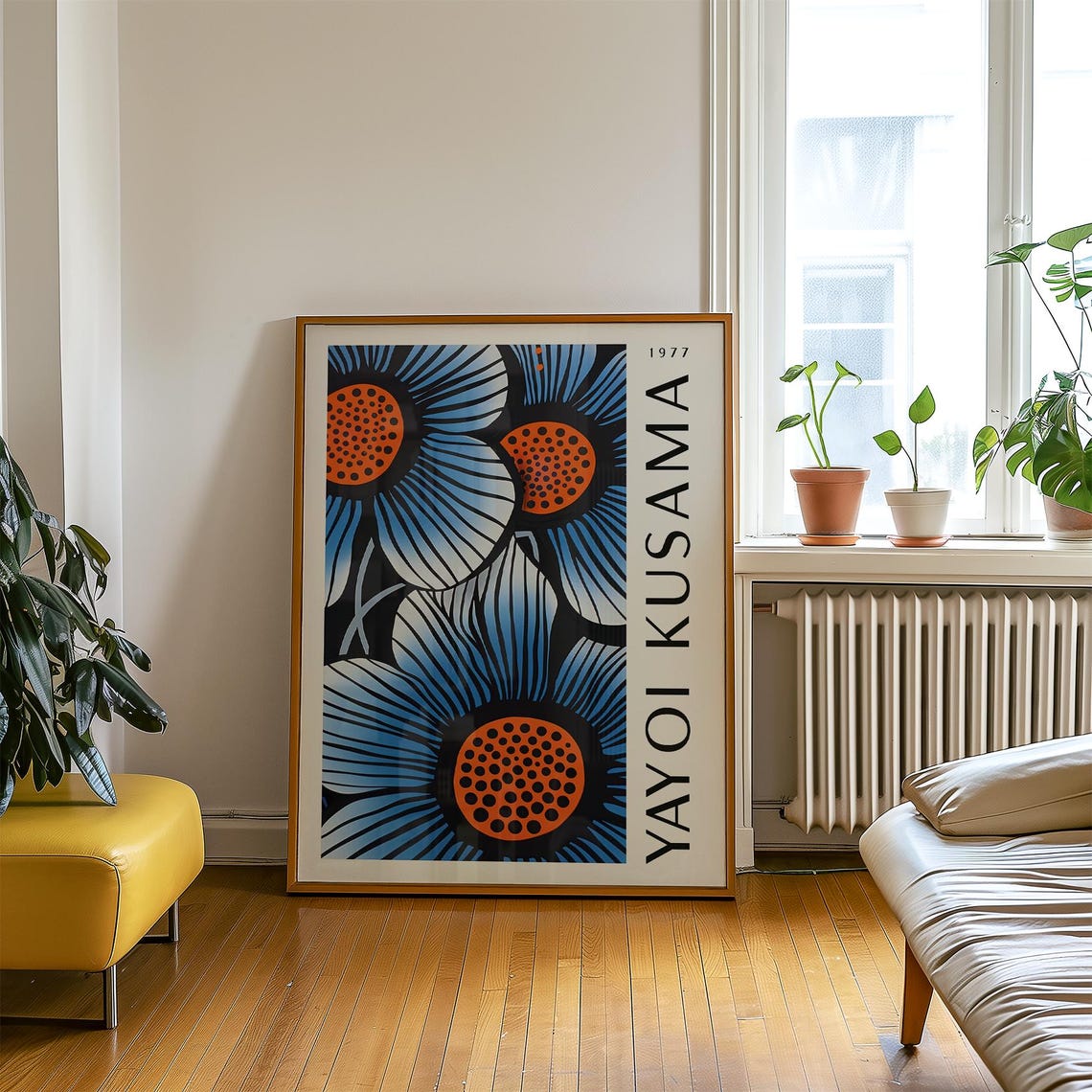 Yayoi Kusama 1977 Blue Flowers with Orange Dot Centers Poster - Image 3
